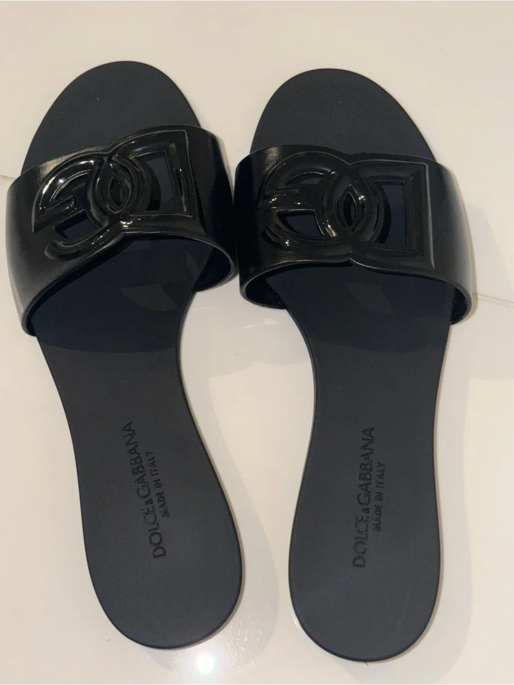Dolce & Gabbana Glossy Black Logo Slide Sandals